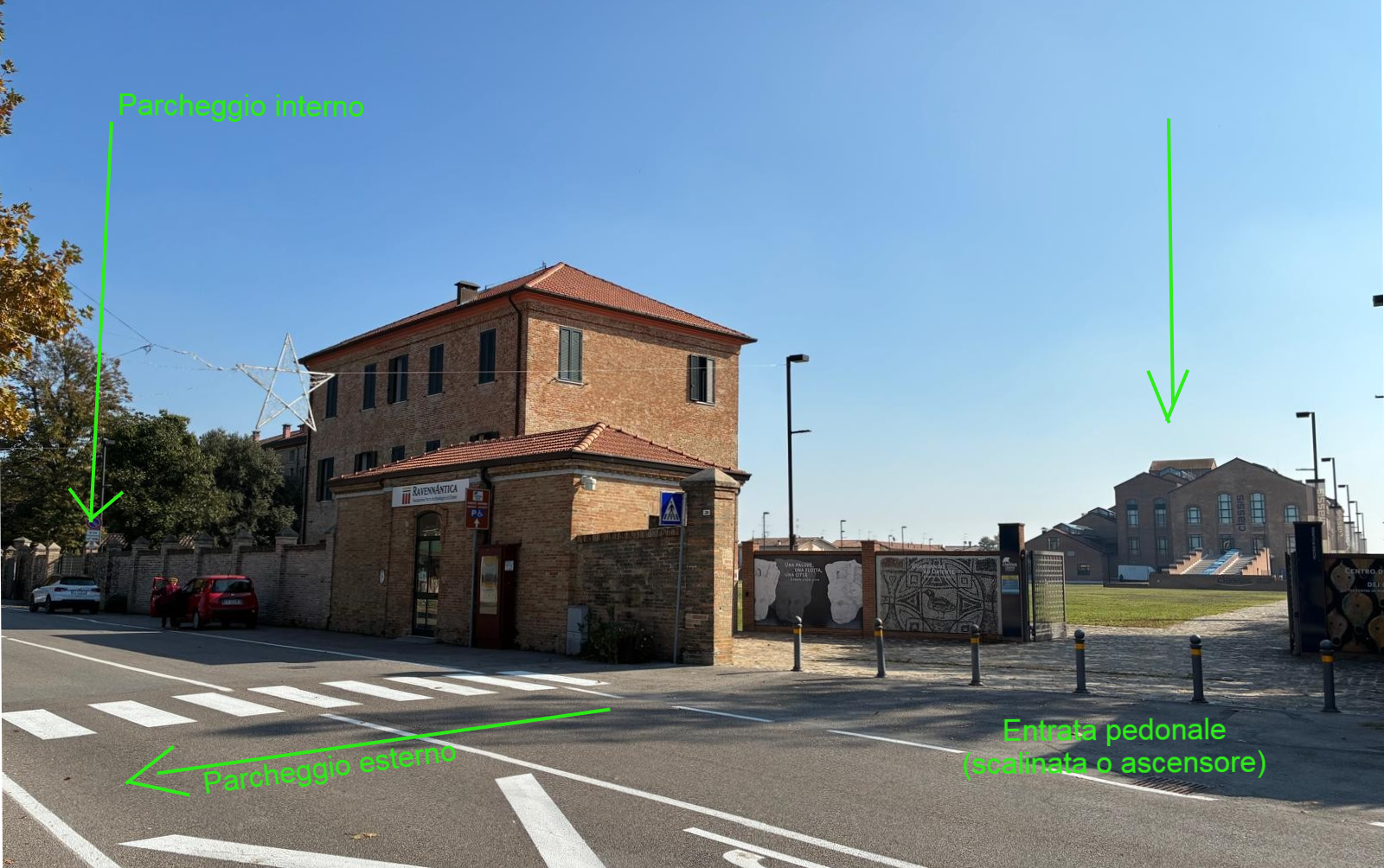Foto del Museo Classis di Ravenna con le indicazioni per parcheggio e ingresso